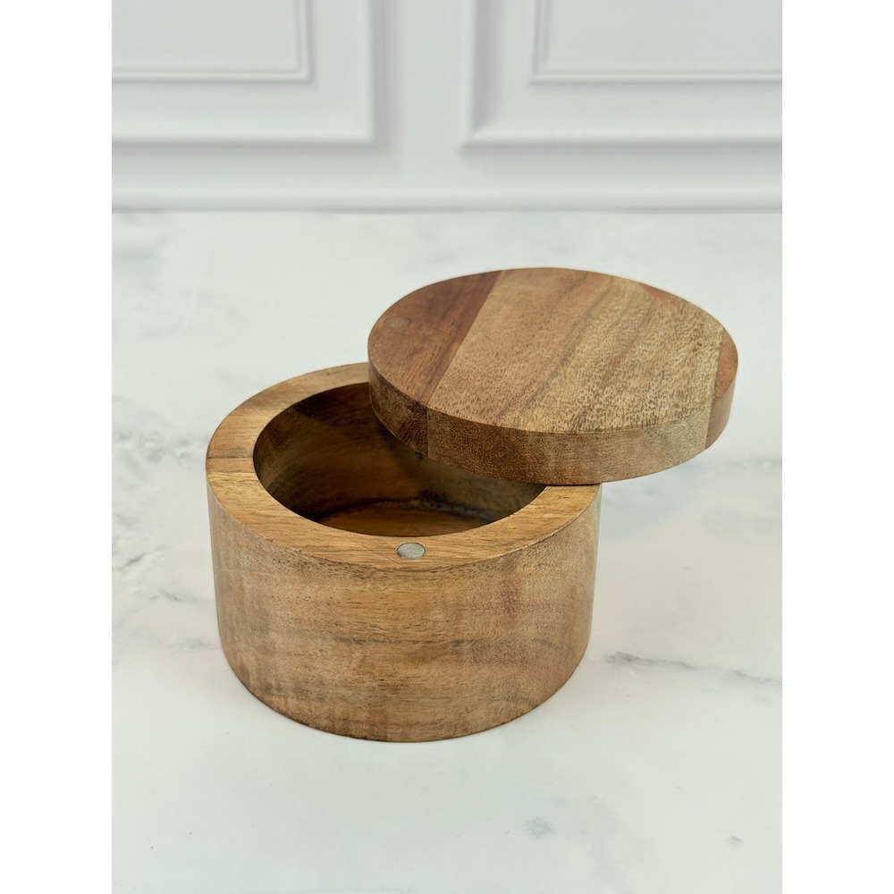 Acacia Round Wood Salt Box 3.5" Wide Swivel Lid